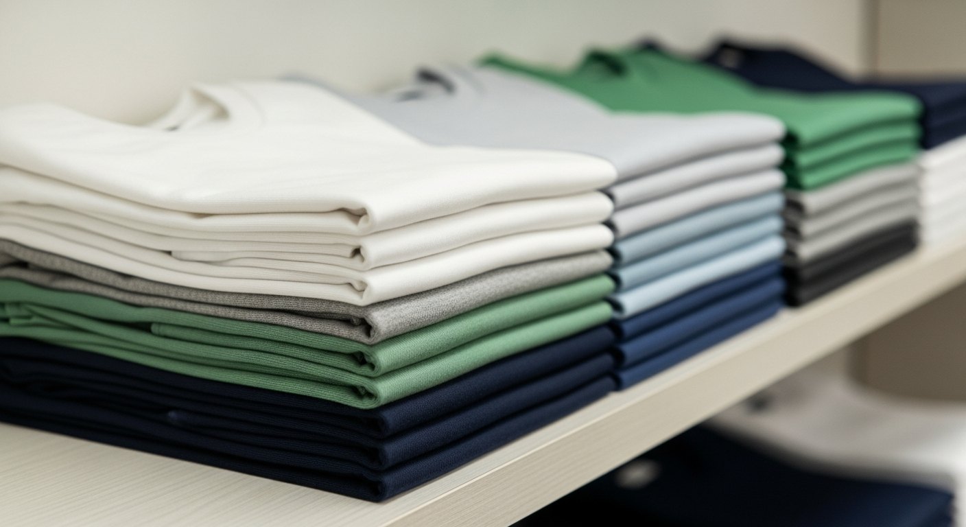 A folded stack of blank cotton and blend t-shirts in several colors ready for DTF pressing