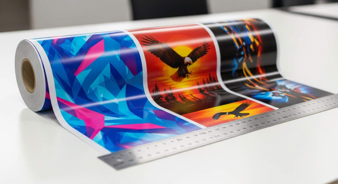 A 22-inch-wide DTF film sheet laid flat with a ruler across the width and mixed designs printed along its length