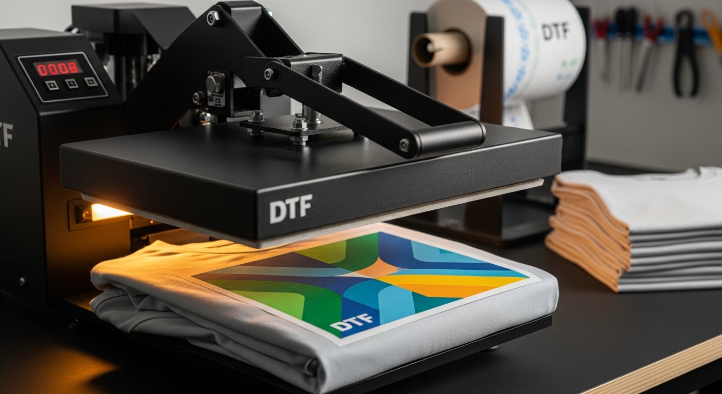 A heat press closing on a cotton t-shirt with a DTF transfer positioned on the chest and a temperature gauge visible