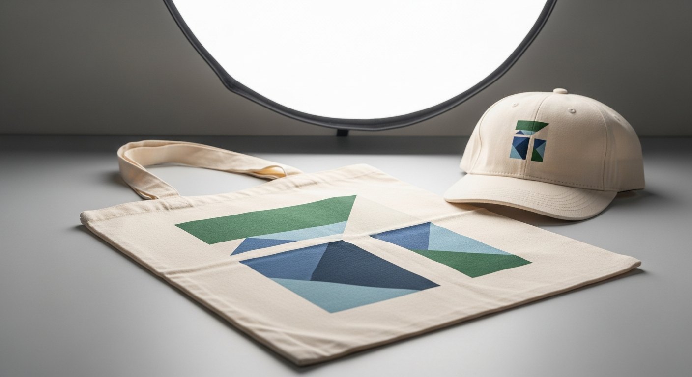 A structured cap in a hat press beside a canvas tote bag and a UV DTF wrapped tumbler