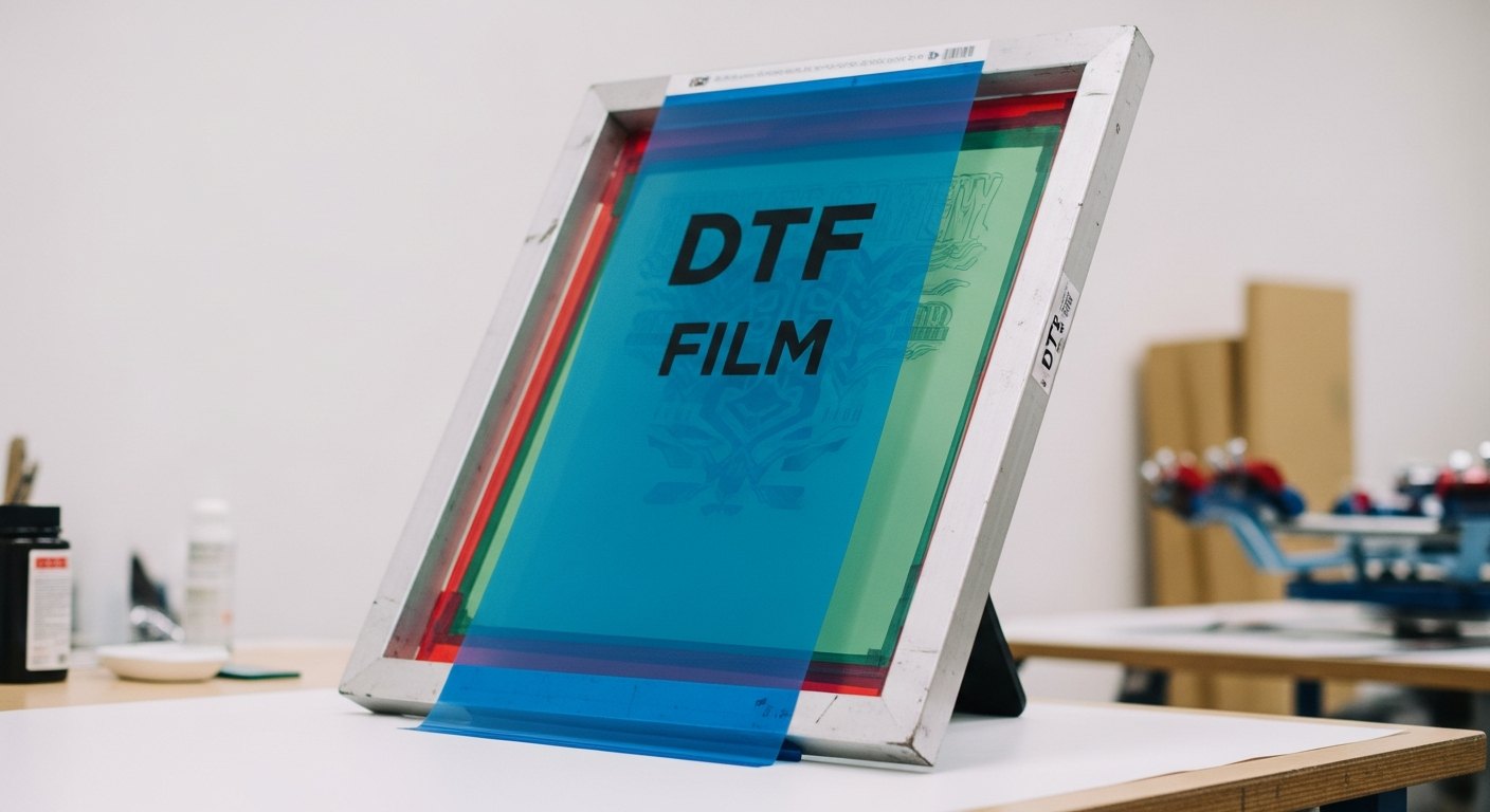 A stack of DTF transfers beside screen printed transfers with a squeegee on a press