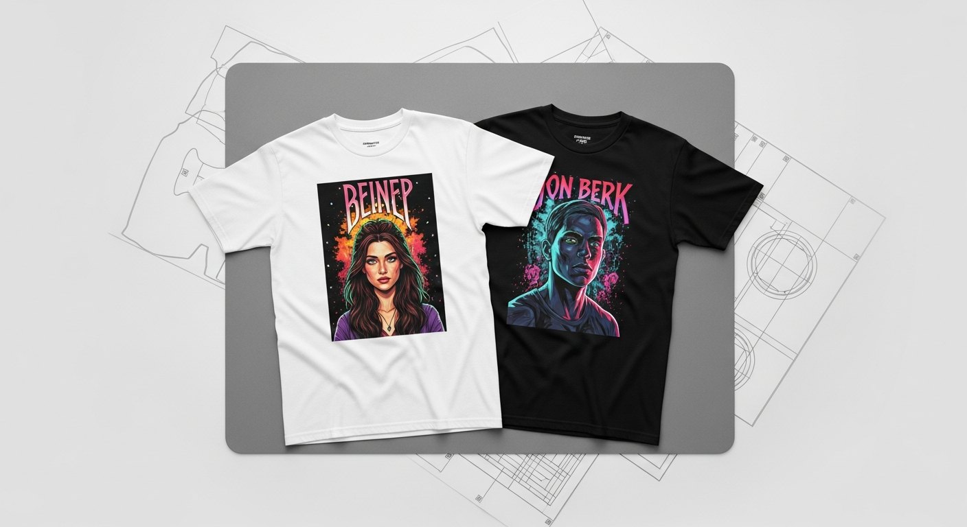 A cotton shirt with a DTF transfer next to a polyester shirt with a sublimated print