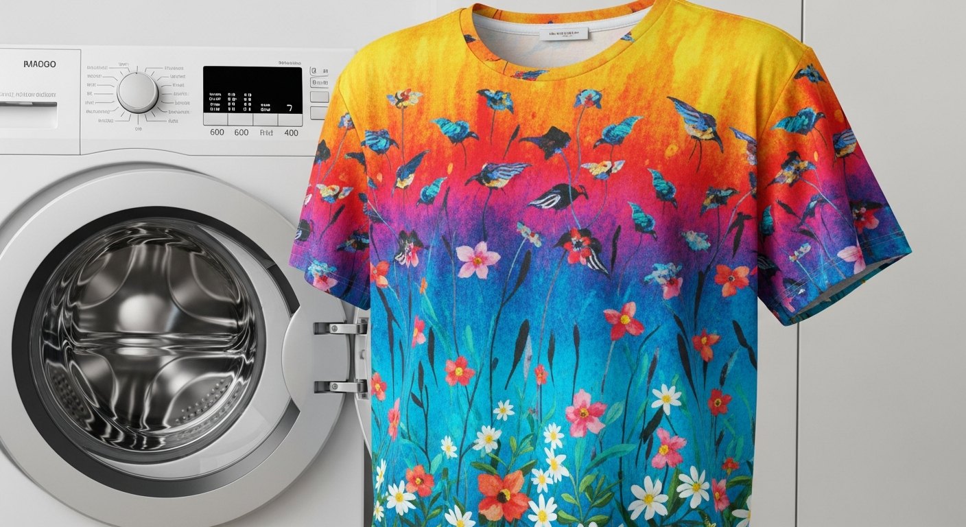 A folded stack of worn t-shirts with intact DTF prints next to a washing machine