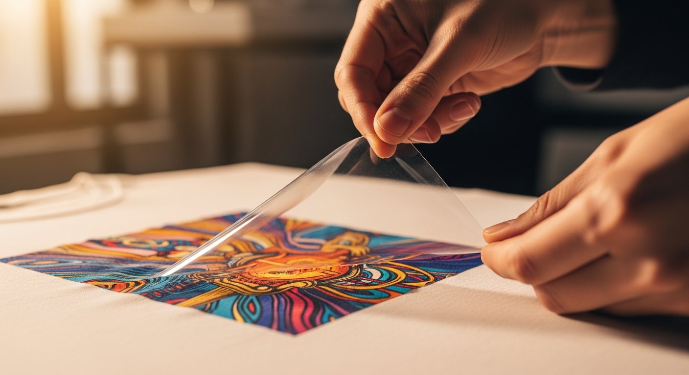 Hands peeling a clear carrier film off a freshly pressed DTF transfer on a black t-shirt, leaving the design on the fabric
