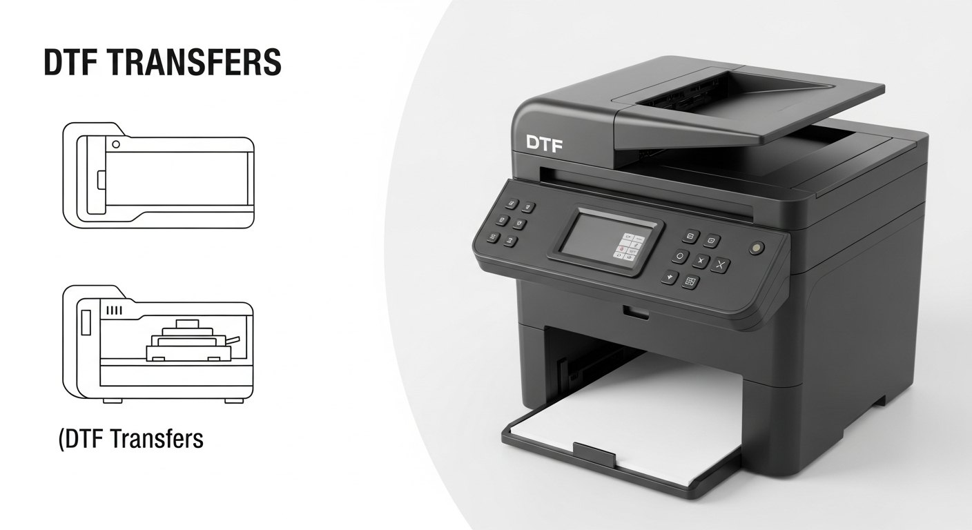 A ready-to-press DTF transfer on the left and a DTF printer with powder and ink on the right