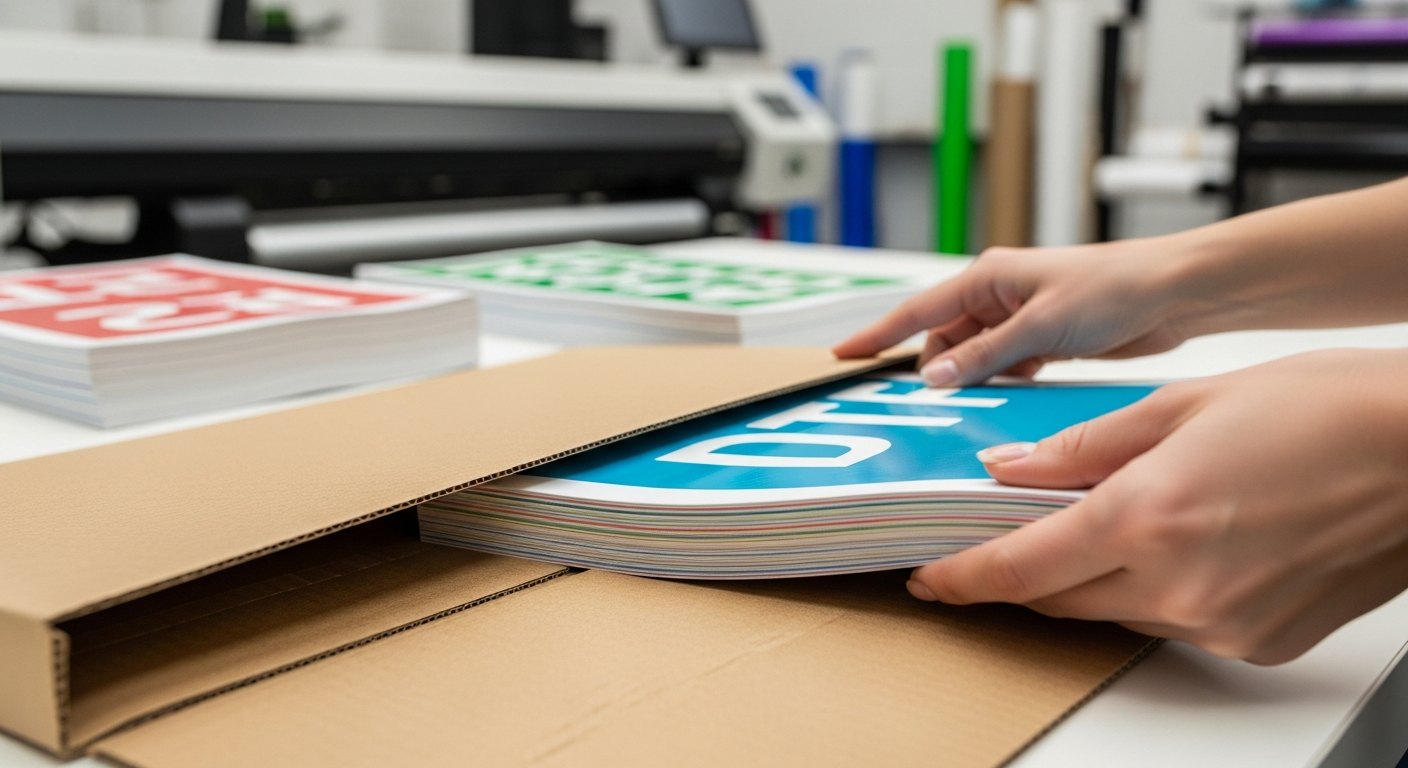 Freshly printed DTF gang sheets being packed for same-day shipping at a Texas print facility