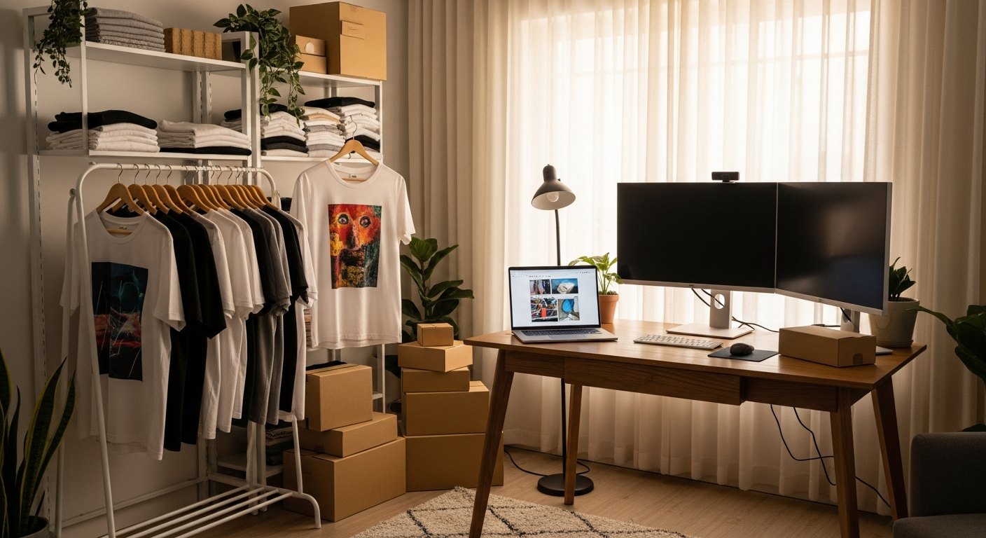 A laptop showing an Etsy shop next to a heat press and folded blank shirts on a home studio bench