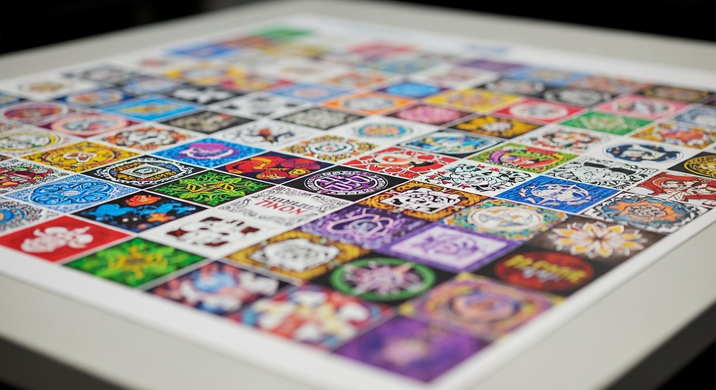 A DTF gang sheet packed with many different printed designs before cutting