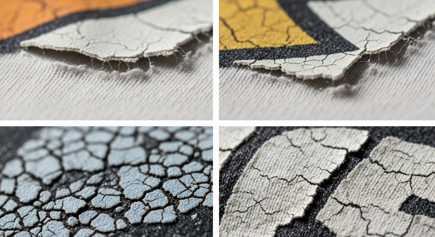 A close-up of a printed DTF transfer cracking and lifting at the edge on a black t-shirt